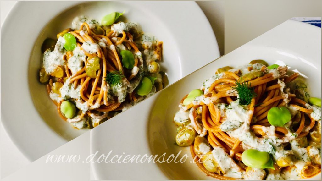 Vermicelloni con fave, crema di ricotta e finocchietto