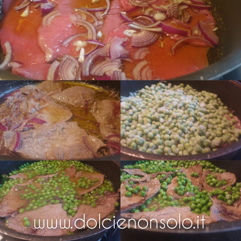 fasi preparazione carne in bianco con piselli